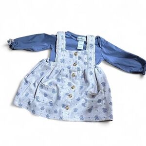 Nicole Miller Baby Blue Cream color floral Jumper dress with puffy sleeves 12M